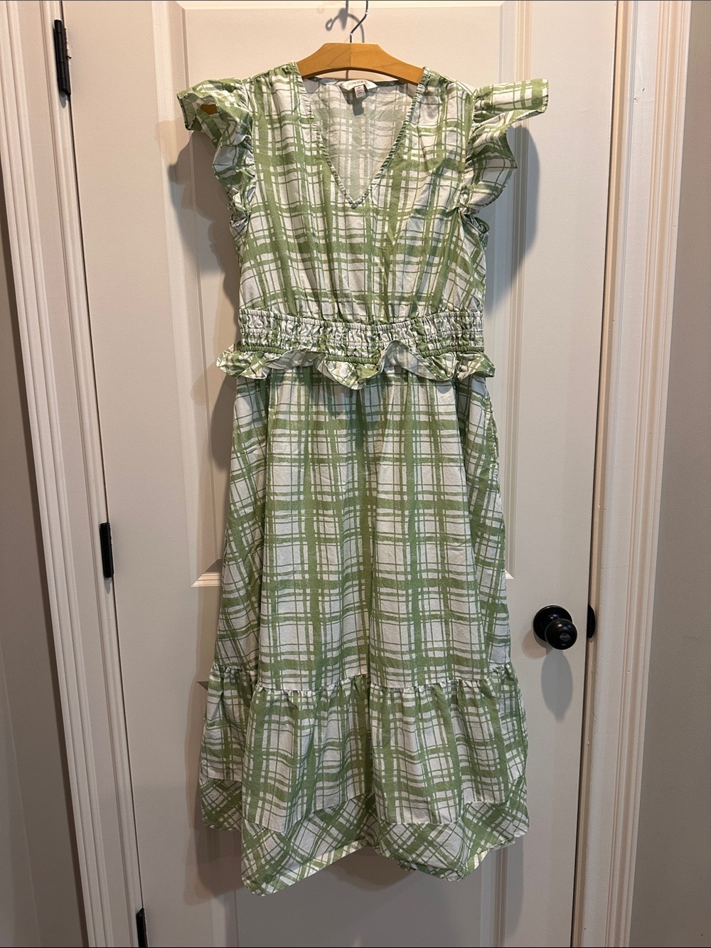 crown & ivy Light Green Plaid Ruffle Waist Dress